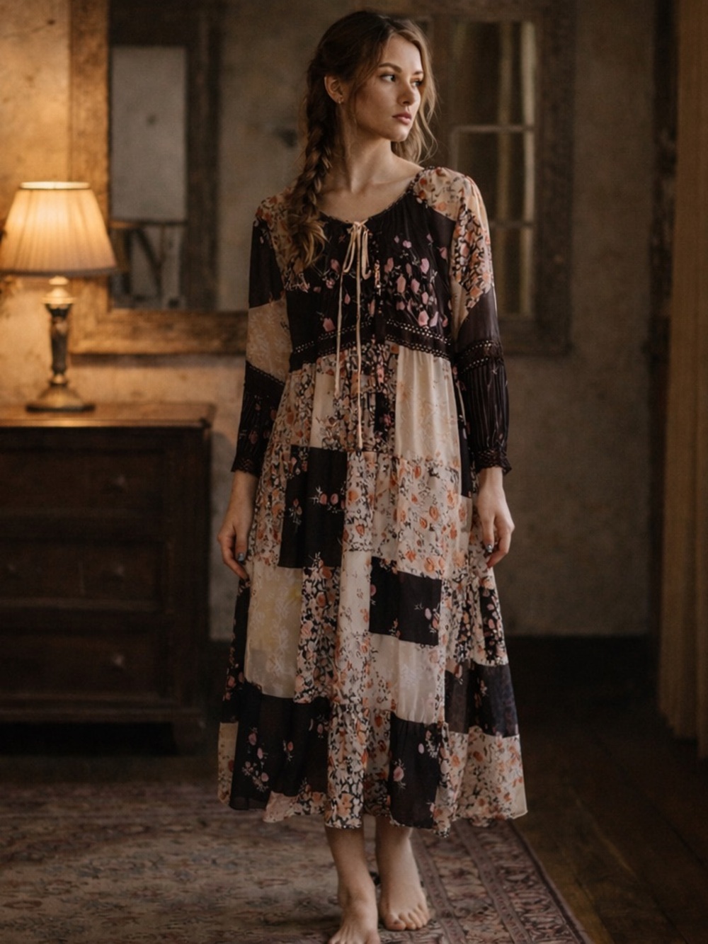 ABS Allen Schwartz Dress Medium Patchwork Floral Boho Midi Cottagecore